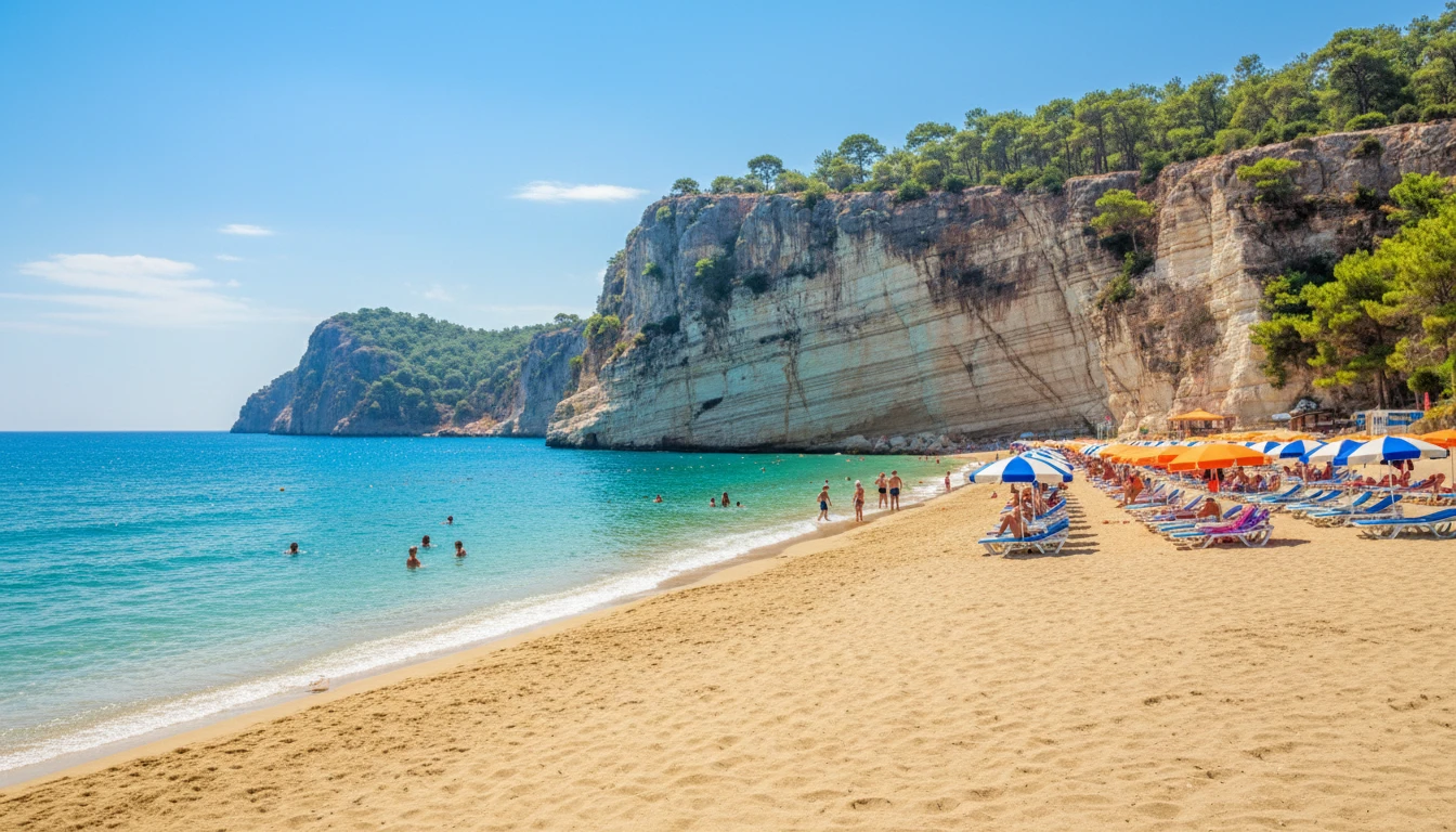 Golden sandy beach in Antalya with limestone cliffs and Mediterranean Sea