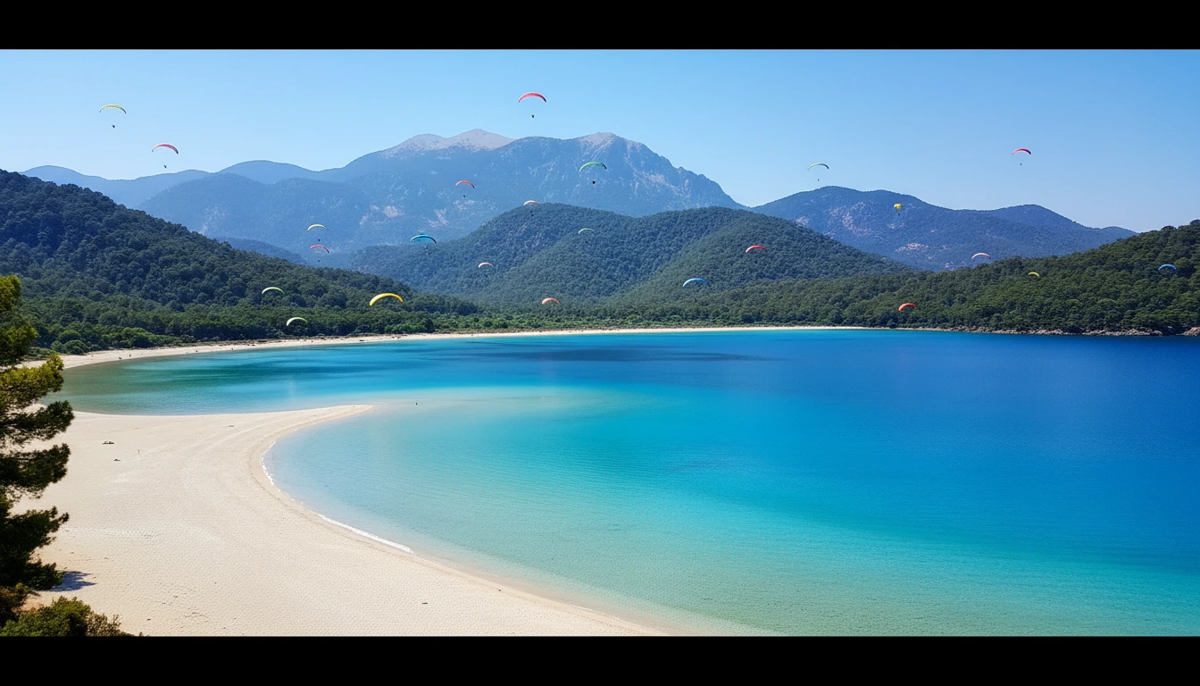 Ölüdeniz Blue Lagoon in Fethiye with paragliders and turquoise water
