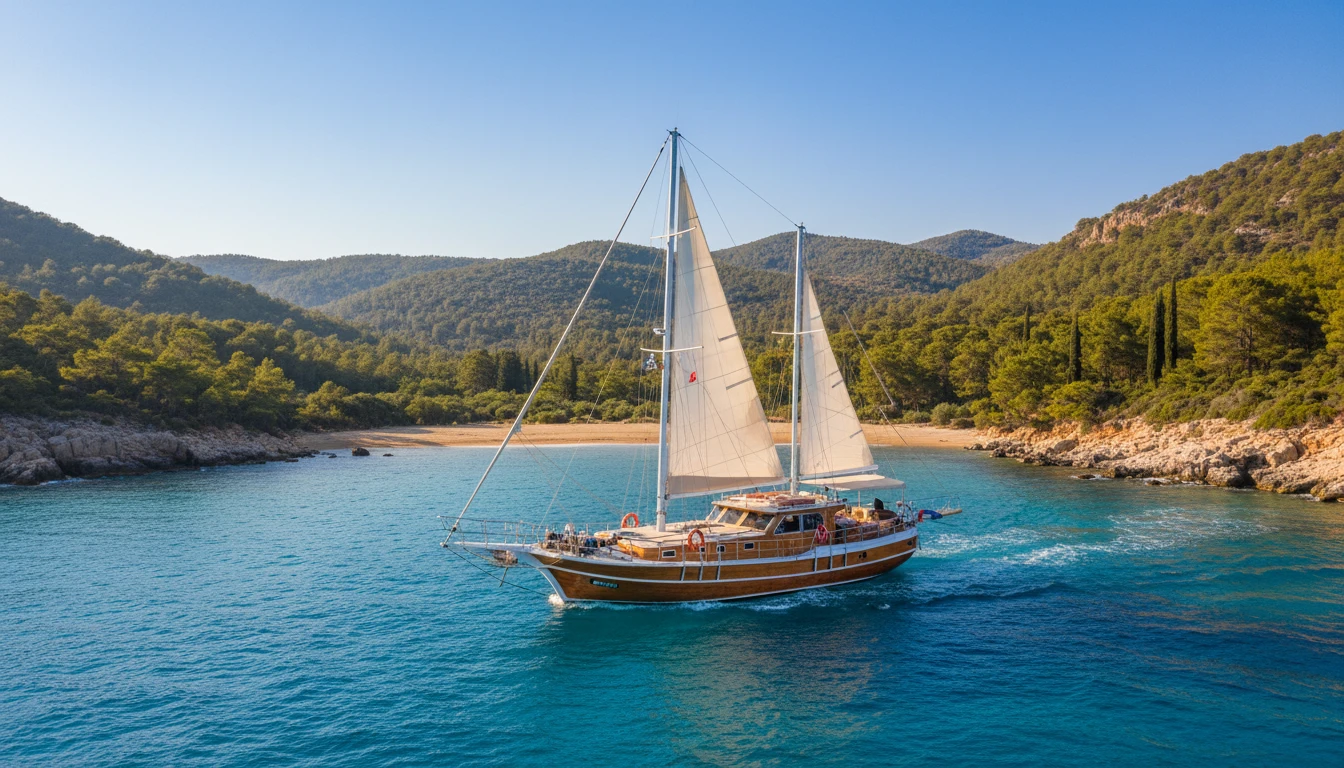 Traditional Turkish gulet boat sailing in the Aegean Sea